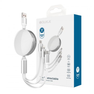 iQuick 3 in 1 Retractable Fast Charge & Date Sync Cable IQTC2301 1.2m-White